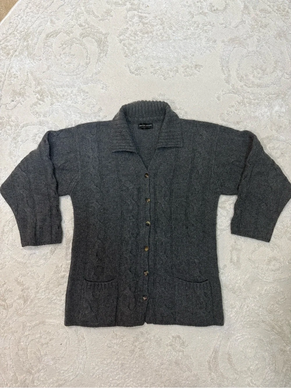 Bergdorf Goodman 100% Cashmere Cable Knit Cardigan Sweater Gray‎ Small